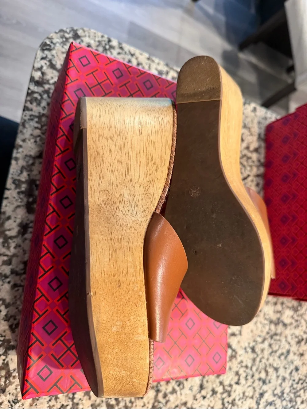 Tory Burch Tan Leather Logo Slide Mules